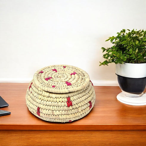 Handcrafted Sabai Grass Round Storage Box—Beige and Pink