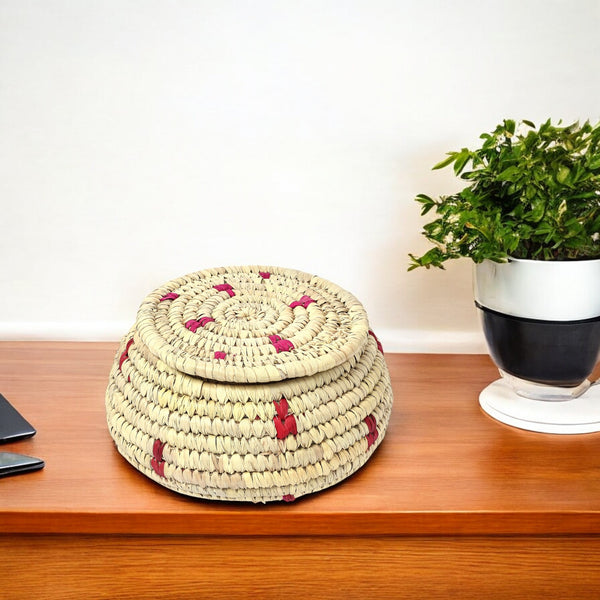 Handcrafted Sabai Grass Round Storage Box—Beige and Pink