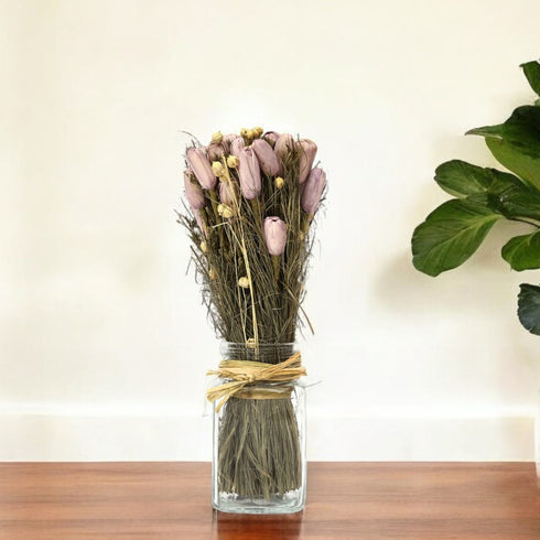 Handcrafted Sholapith Dried Flower Bouquet in Glass Jar – Arrangement for Rustic Home & Office Decor