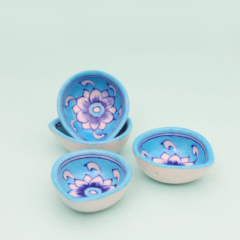 Handcrafted Sky Blue Blue Pottery Diyas Set - Floral Design