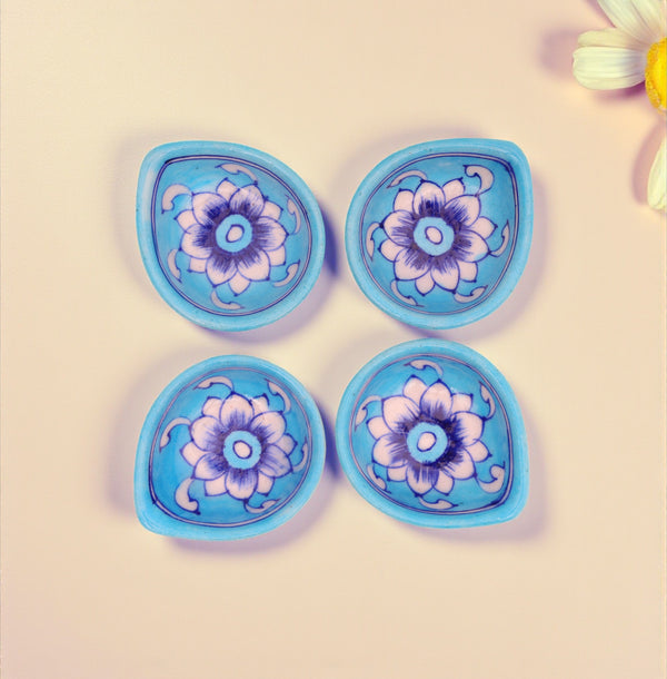 Handcrafted Sky Blue Blue Pottery Diyas  Set - Floral Design