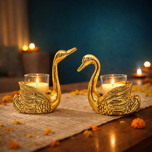 Handcrafted Swan T-Light Holder with Candles (Set of 2)