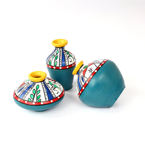 Handcrafted Teal Green Terracotta Pots for Home Decor - Set of 3 - Warli Hand Painting
