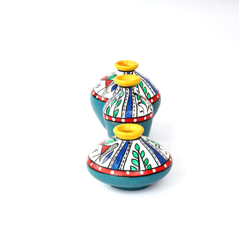 Handcrafted Teal Green Terracotta Pots for Home Decor - Set of 3 - Warli Hand Painting