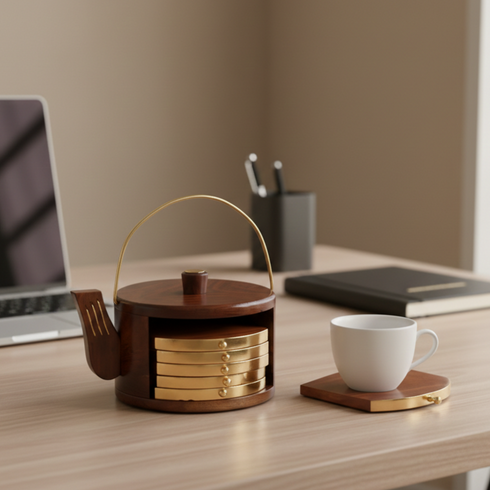 Handcrafted Teapot Shaped Wooden Coasters Set