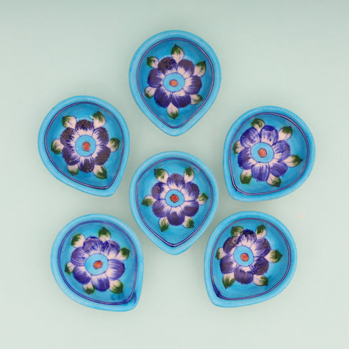 Handcrafted Turquoise Blue Blue Pottery Diyas Set - Leaf-Shaped