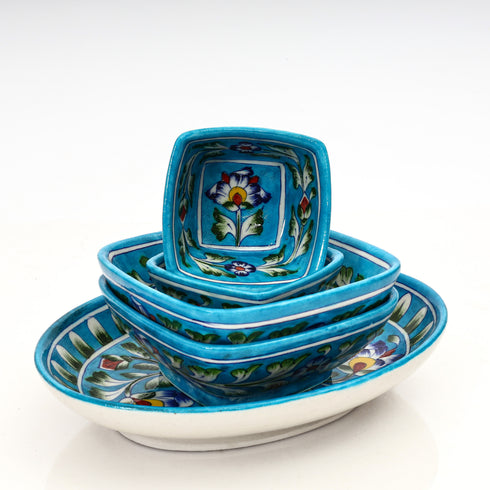 Handcrafted Turquoise Blue Pottery Oval Plate & Bowl Set - Floral Serveware for Dining & Gifting