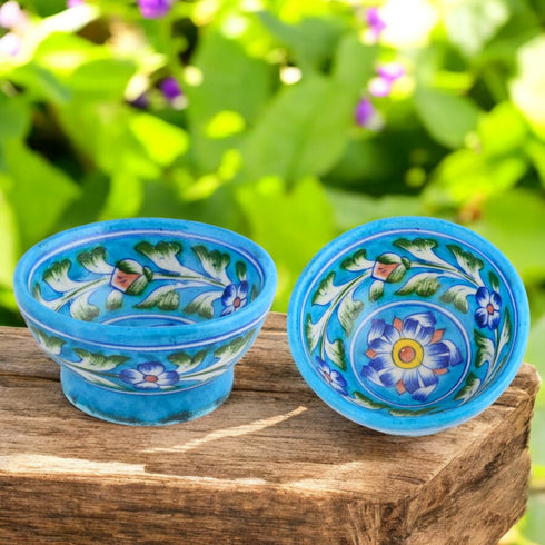Handcrafted Turquoise Colour Round Blue Pottery Bowls—Set of 2—Floral Pattern—6”