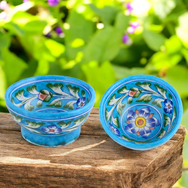 Handcrafted Turquoise Colour Round Blue Pottery Bowls—Set of 2—Floral Pattern—6”