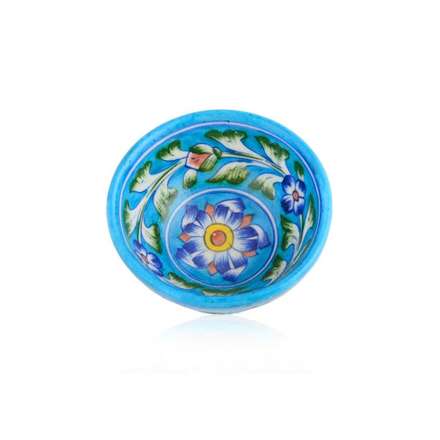Handcrafted Turquoise Colour Round Blue Pottery Bowls—Set of 2—Floral Pattern—6”