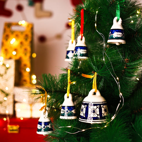 Handcrafted White, Blue and Green Ceramic Hanging Bells—Set of 5