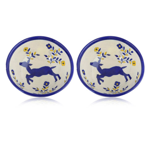 Handcrafted White Colour Round Blue Pottery Bowls—Set of 2—Reindeer and Foliage Pattern—6”