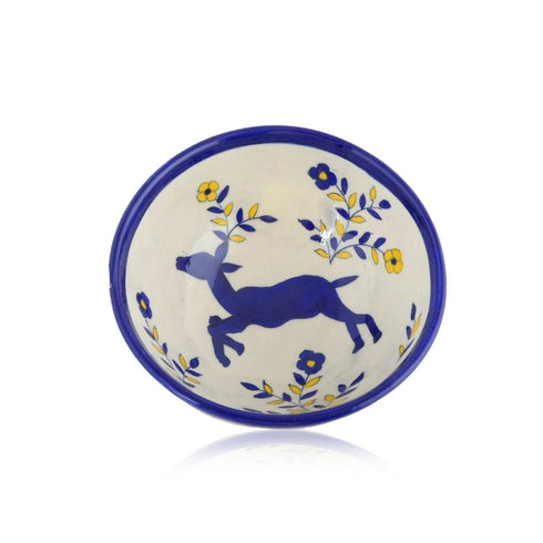 Handcrafted White Colour Round Blue Pottery Bowls—Set of 2—Reindeer and Foliage Pattern—6”