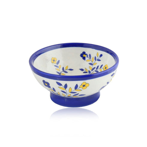 Handcrafted White Colour Round Blue Pottery Bowls—Set of 2—Reindeer and Foliage Pattern—6”