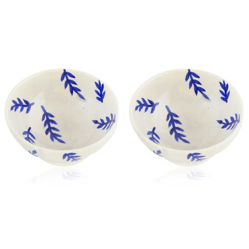 Handcrafted White and Blue Round Blue Pottery Bowls—Set of 2—Leafy Patterns—6”