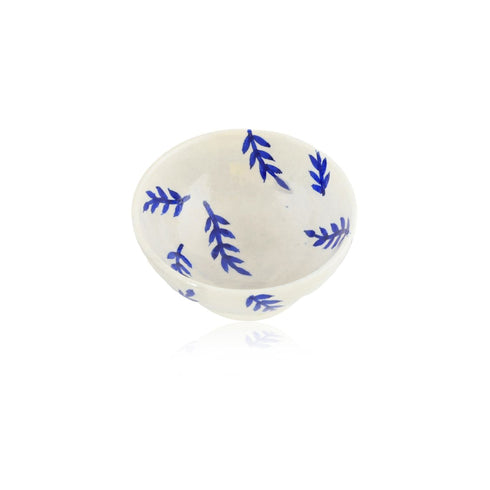Handcrafted White and Blue Round Blue Pottery Bowls—Set of 2—Leafy Patterns—6”