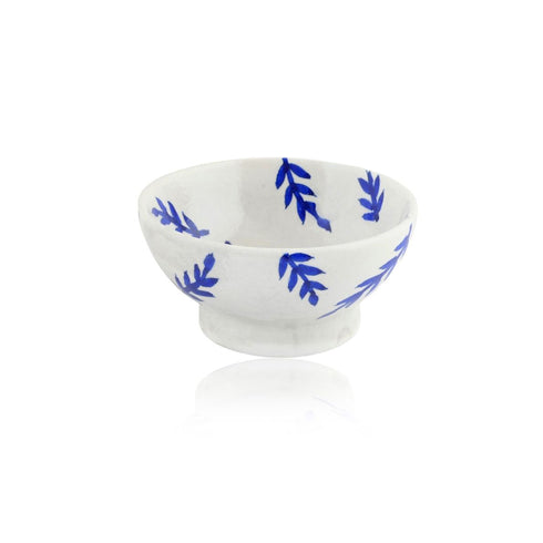 Handcrafted White and Blue Round Blue Pottery Bowls—Set of 2—Leafy Patterns—6”