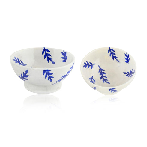 Handcrafted White and Blue Round Blue Pottery Bowls—Set of 2—Leafy Patterns—6”