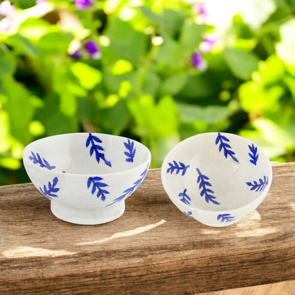Handcrafted White and Blue Round Blue Pottery Bowls—Set of 2—Leafy Patterns—6”