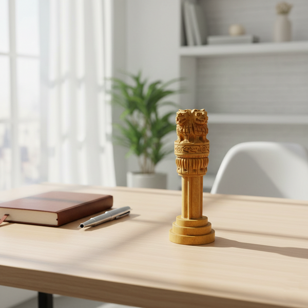 Hand-carved wooden Ashoka Pillar showpiece 5 inch, table decor accent with lion capital detail