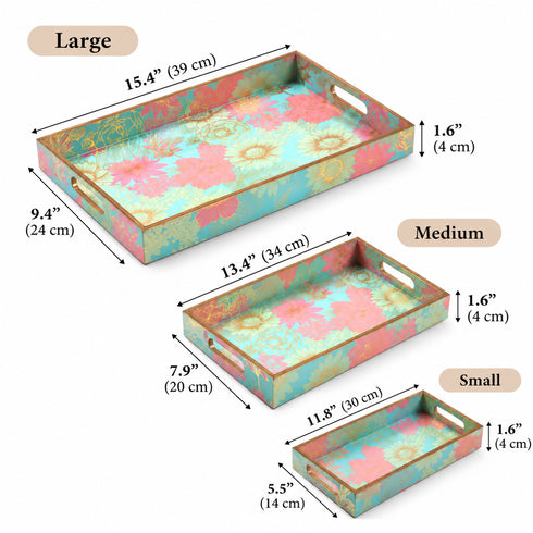 Handcrafted Wooden Floral Pattern Wooden Serving Tray Set of 3
