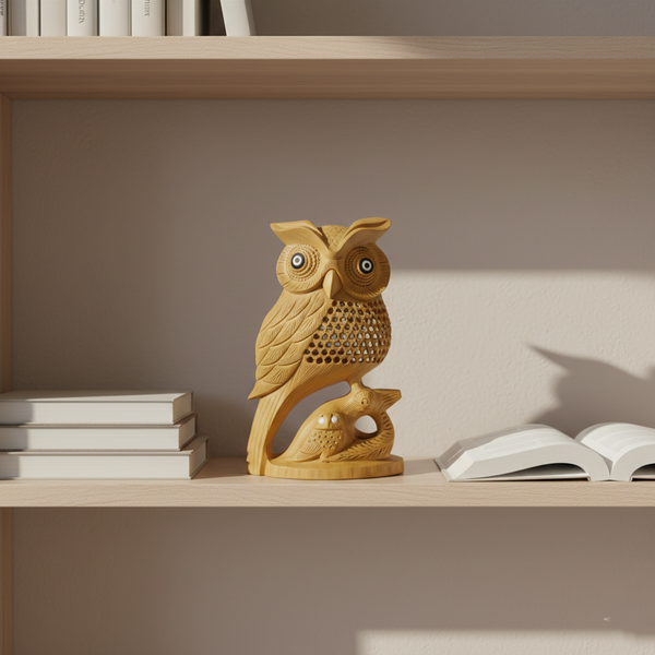 Handcrafted Wooden Owl Statue – Table Décor Piece