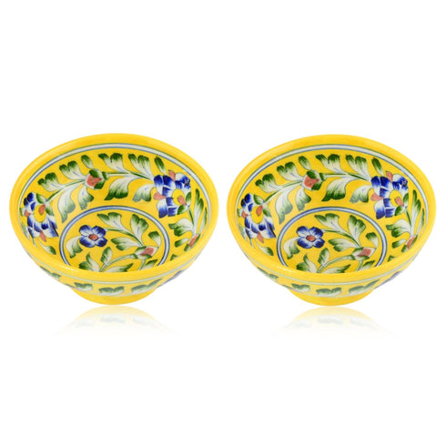 Handcrafted Yellow Colour Round Blue Pottery Bowls—Set of 2—Floral Pattern—6”