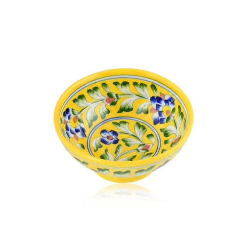 Handcrafted Yellow Colour Round Blue Pottery Bowls—Set of 2—Floral Pattern—6”