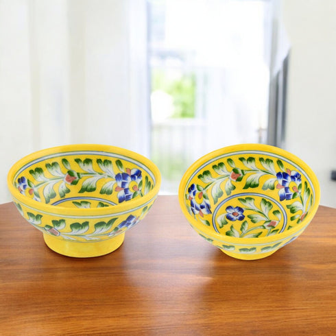 Handcrafted Yellow Colour Round Blue Pottery Bowls—Set of 2—Floral Pattern—6”