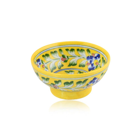 Handcrafted Yellow Colour Round Blue Pottery Bowls—Set of 2—Floral Pattern—6”