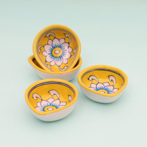 Handcrafted Yellow Leaf-Shaped Blue Pottery Diyas Set