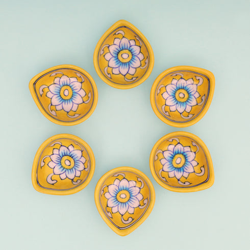 Handcrafted Yellow Leaf-Shaped Blue Pottery Diyas Set