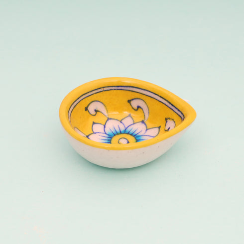 Handcrafted Yellow Leaf-Shaped Blue Pottery Diyas Set