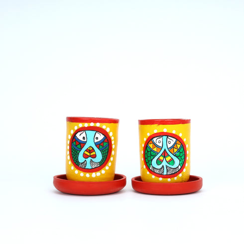 Handcrafted Yellow Terracotta Planters - Set of 2 - Madhubani Hand Painting