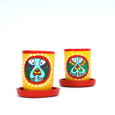 Handcrafted Yellow Terracotta Planters - Set of 2 - Madhubani Hand Painting