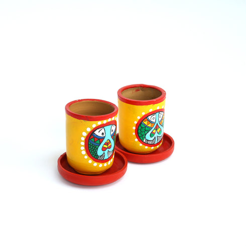 Handcrafted Yellow Terracotta Planters - Set of 2 - Madhubani Hand Painting