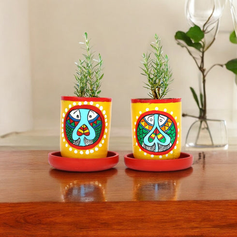 Handcrafted Yellow Terracotta Planters - Set of 2 - Madhubani Hand Painting