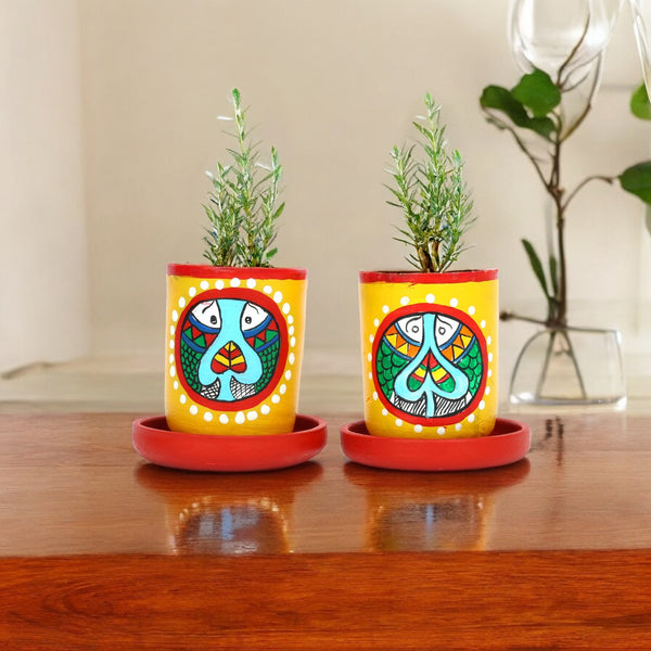 Handcrafted Yellow Terracotta Planters - Set of 2 - Madhubani Hand Painting