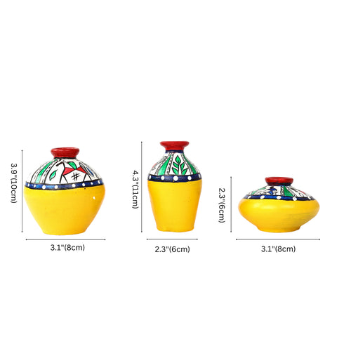 Handcrafted Yellow Terracotta Pots for Home Decor - Set of 3 - Warli Hand Painting