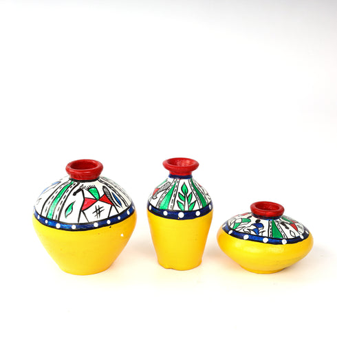 Handcrafted Yellow Terracotta Pots for Home Decor - Set of 3 - Warli Hand Painting