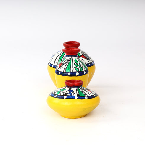 Handcrafted Yellow Terracotta Pots for Home Decor - Set of 3 - Warli Hand Painting