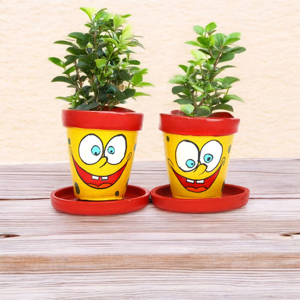 Handcrafted Yellow and Red Terracotta Planters - Set of 2 - Funky Hand Painting