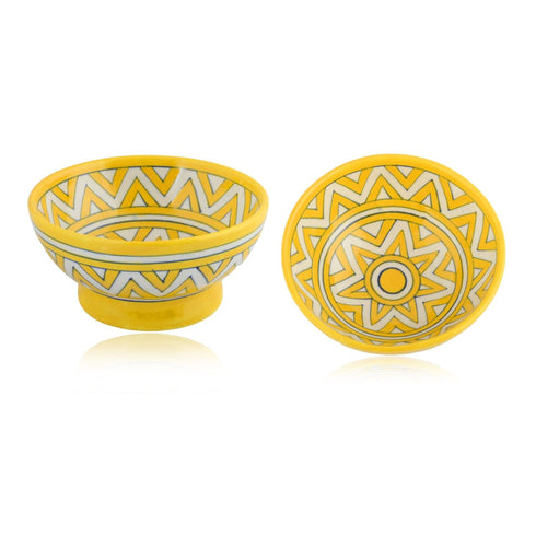 Handcrafted Yellow and White Round Blue Pottery Bowls—Set of 2—Geometric Pattern—6”