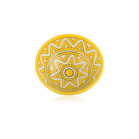 Handcrafted Yellow and White Round Blue Pottery Bowls—Set of 2—Geometric Pattern—6”