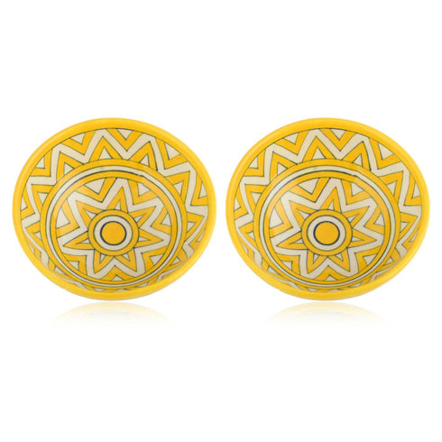 Handcrafted Yellow and White Round Blue Pottery Bowls—Set of 2—Geometric Pattern—6”
