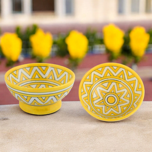 Handcrafted Yellow and White Round Blue Pottery Bowls—Set of 2—Geometric Pattern—6”