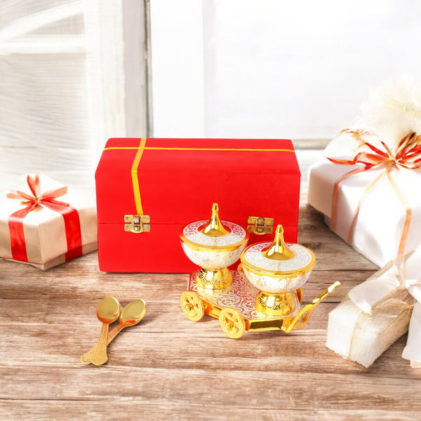 Handcrafted and Hand Embossed Premium Brass Bowl and Spoon Set with Miniature Table Trolley