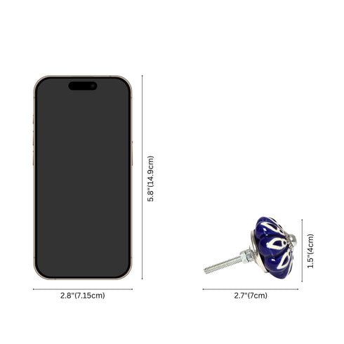 Handcrafted and Hand painted Blue Ceramic Knobs—Melon Shaped—Set of 6—Floral Pattern