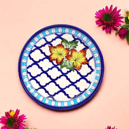 Handcrafted Blue Pottery Floral Decorative Plate—White and Blue