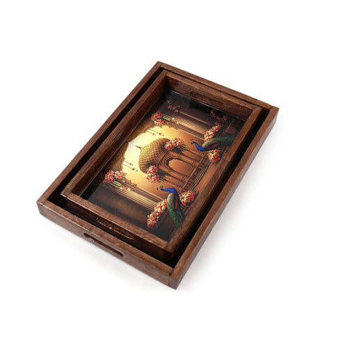 Handmade Grand Domed Pavilion Wooden Tray Set of 2